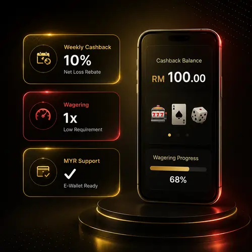 Cashback casino Malaysia app showing weekly cashback, low wagering, and MYR e-wallet support